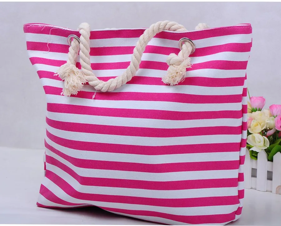 Canvas beach bag, striped, rope handles (CNS-10)