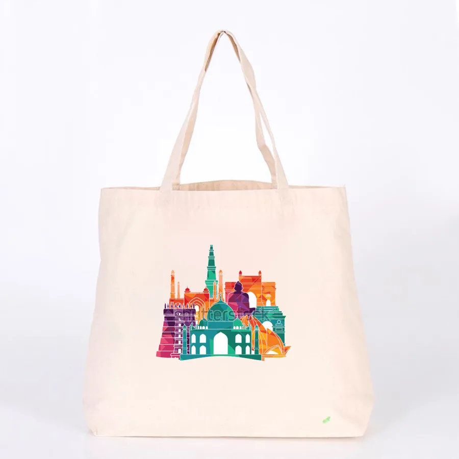 Off-white cotton tote, multi-colour print (CTN-09)