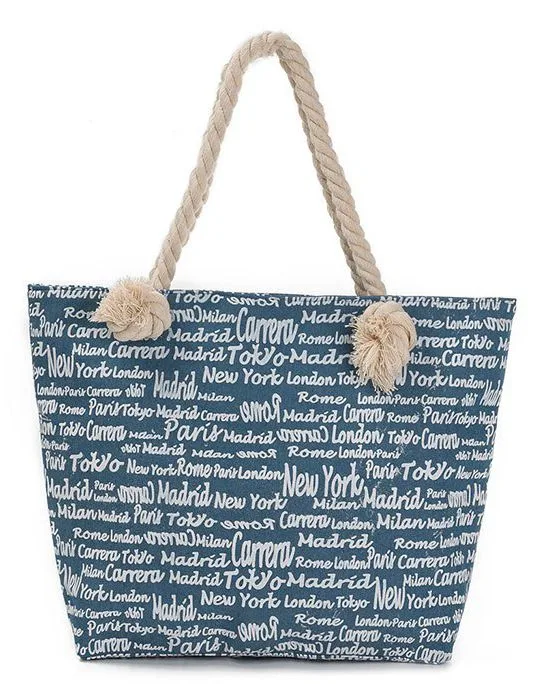 Denim beach bag, text print, rope handles (DNM-04)