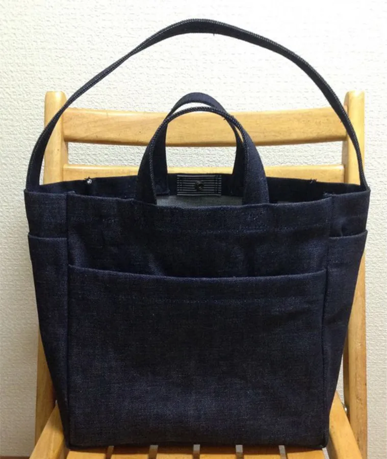 Denim tote, black, double handles, pocket (DNM-10)