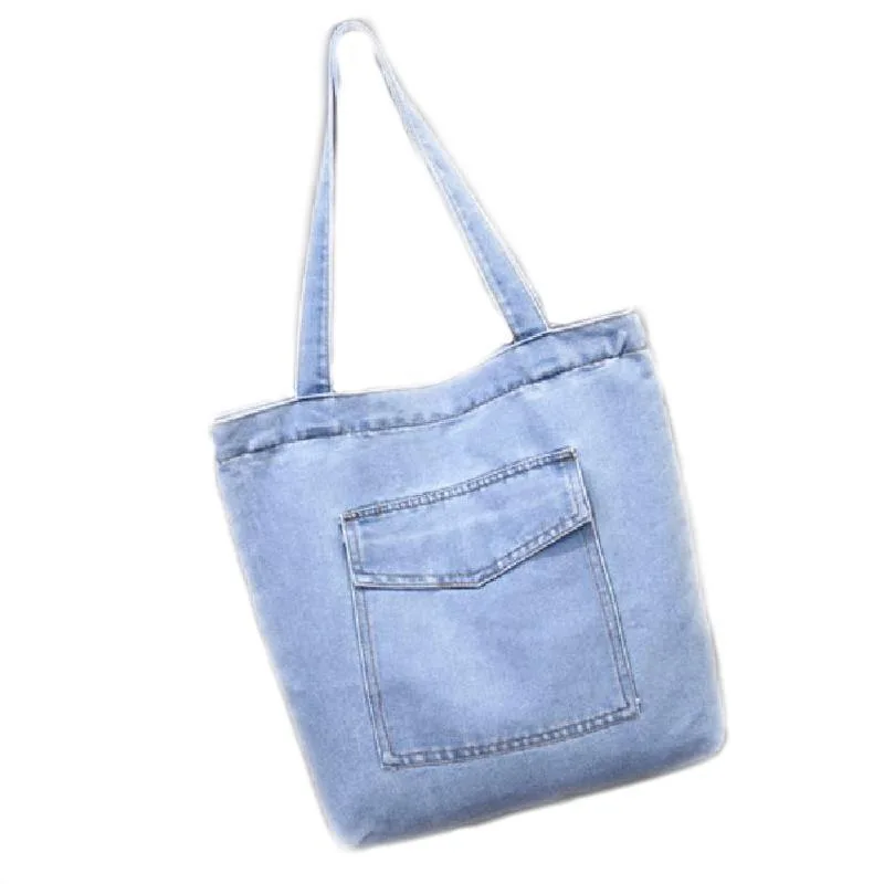 Denim tote, light wash, pocket, long handles (DNM-12)