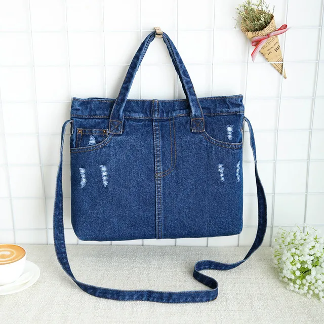 Denim tote, distressed, crossbody (DNM-16)