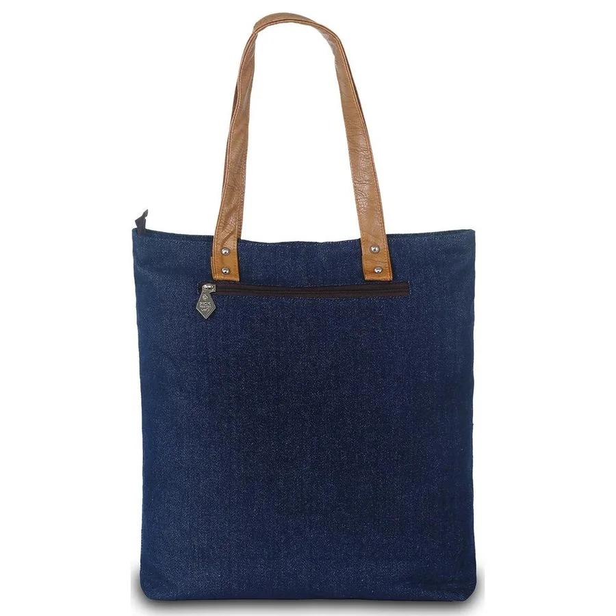 Denim tote, zip top, leather handles (DNM-26)