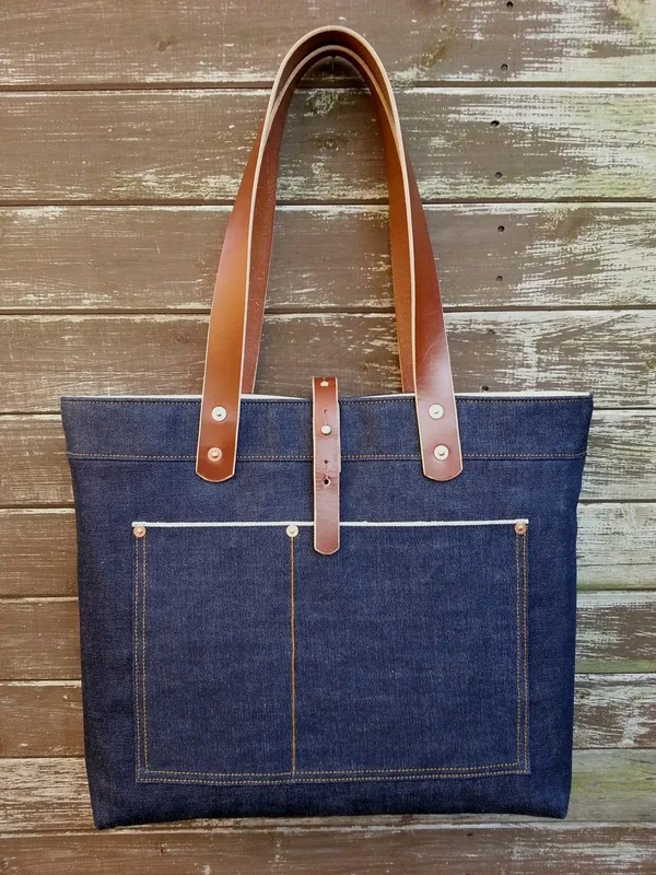 Denim tote, pocket, tan handles (DNM-27)
