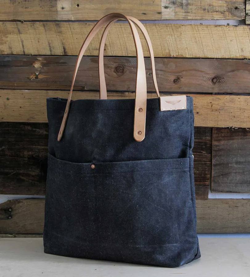 Denim tote, black, pocket, leather handles (DNM-30)