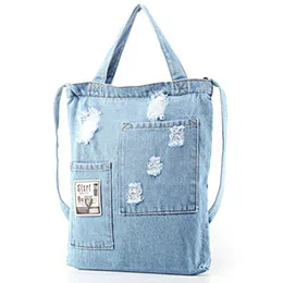 Denim tote, distressed, patches (DNM-32)
