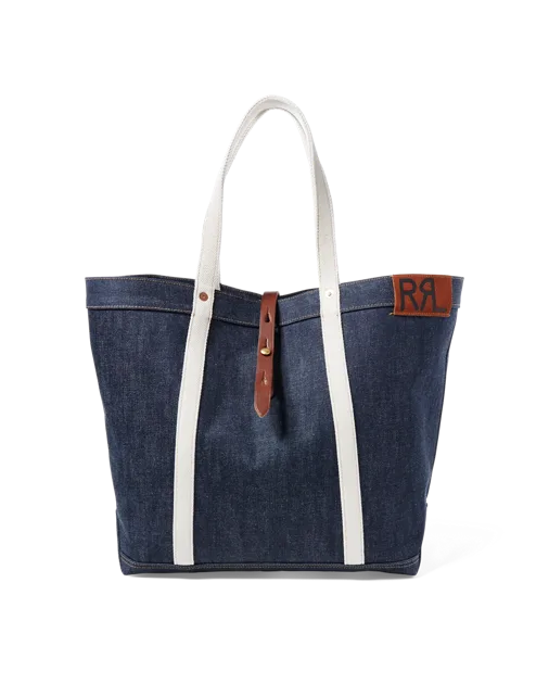 Denim tote, white strap, tab (DNM-33)