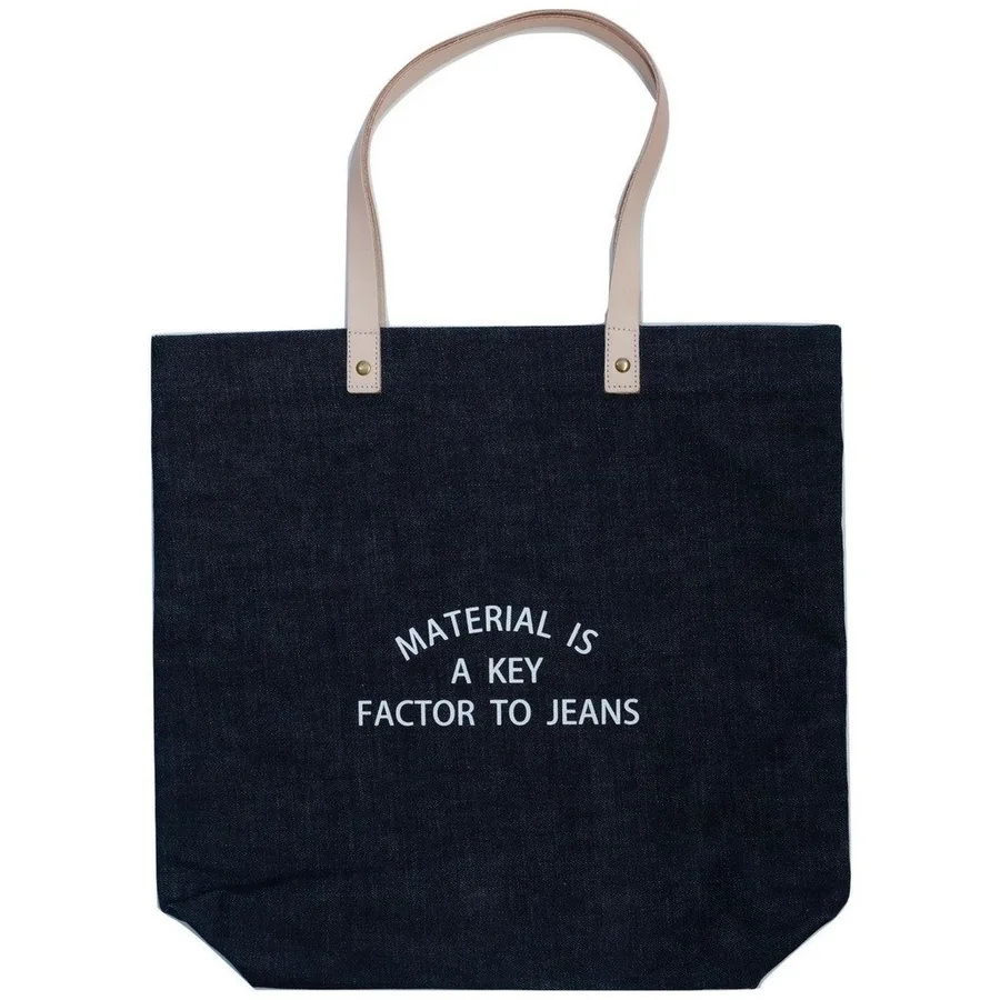 Denim tote, black, natural handles, text (DNM-36)