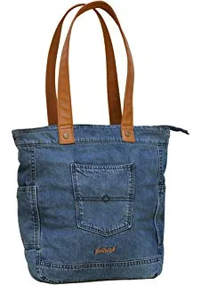 Denim tote, tan handles, pockets (DNM-39)