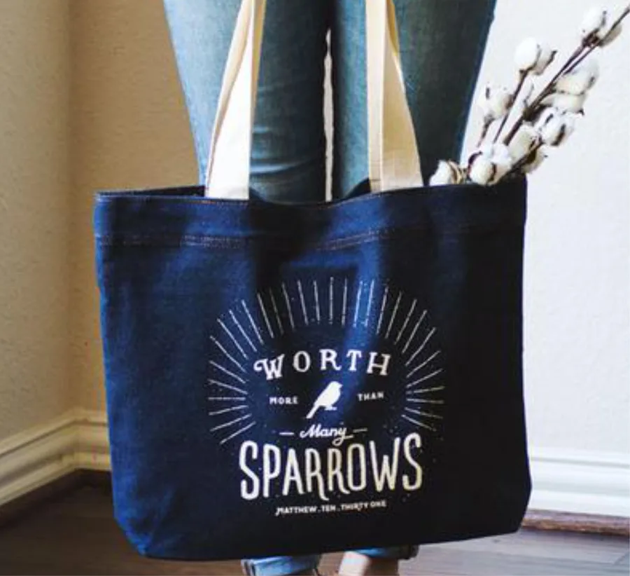 Denim tote, dark, large print (DNM-40)