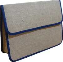Jute document case, blue trim, flap (FDR-13)