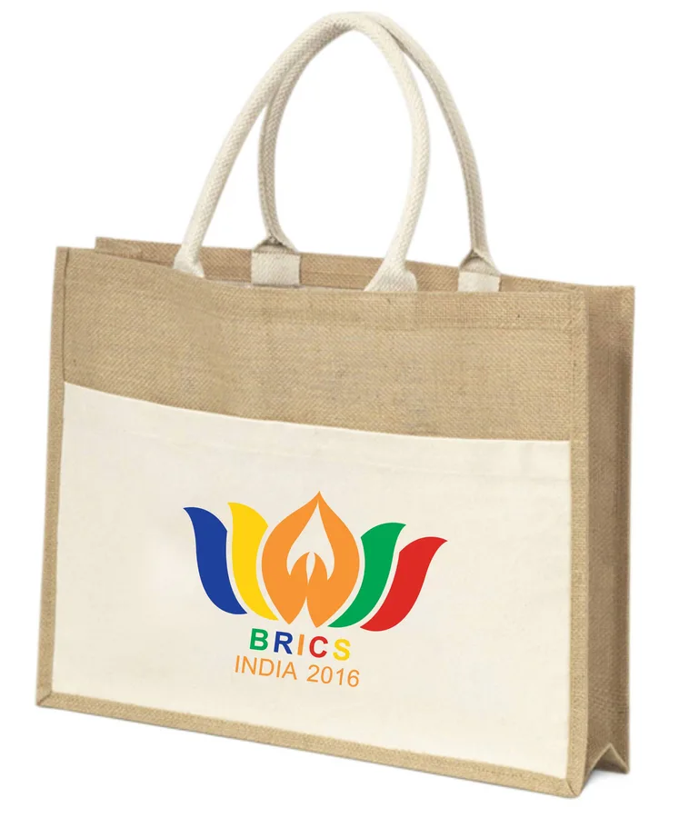 Jute shopper, cotton print panel, padded handles (JTE-01)