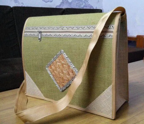 Jute messenger bag, woven panel (JTE-05)