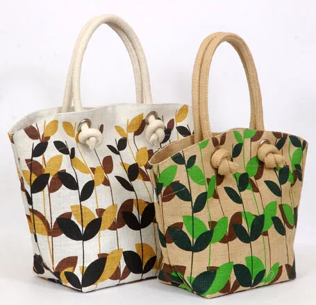 Jute tote, printed leaf pattern (JTE-13)