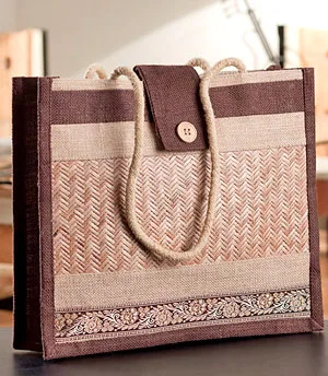 Jute tote, woven panel, rope handles (JTE-16)