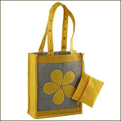 Jute tote, yellow trim, pouch (JTE-18)