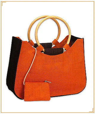 Jute handbag, round cane handles, orange (JTE-23)