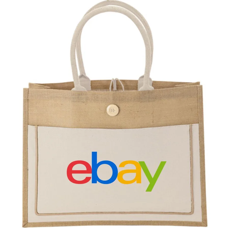 Jute shopper, white panel, button tab (JTE-24)