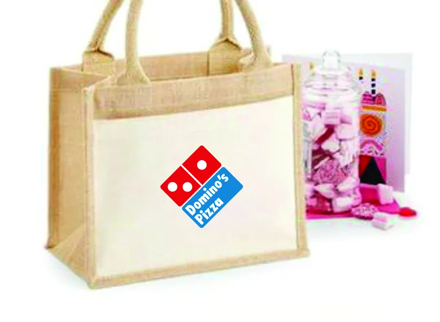 Jute gift bag, white panel, small (JTE-36)
