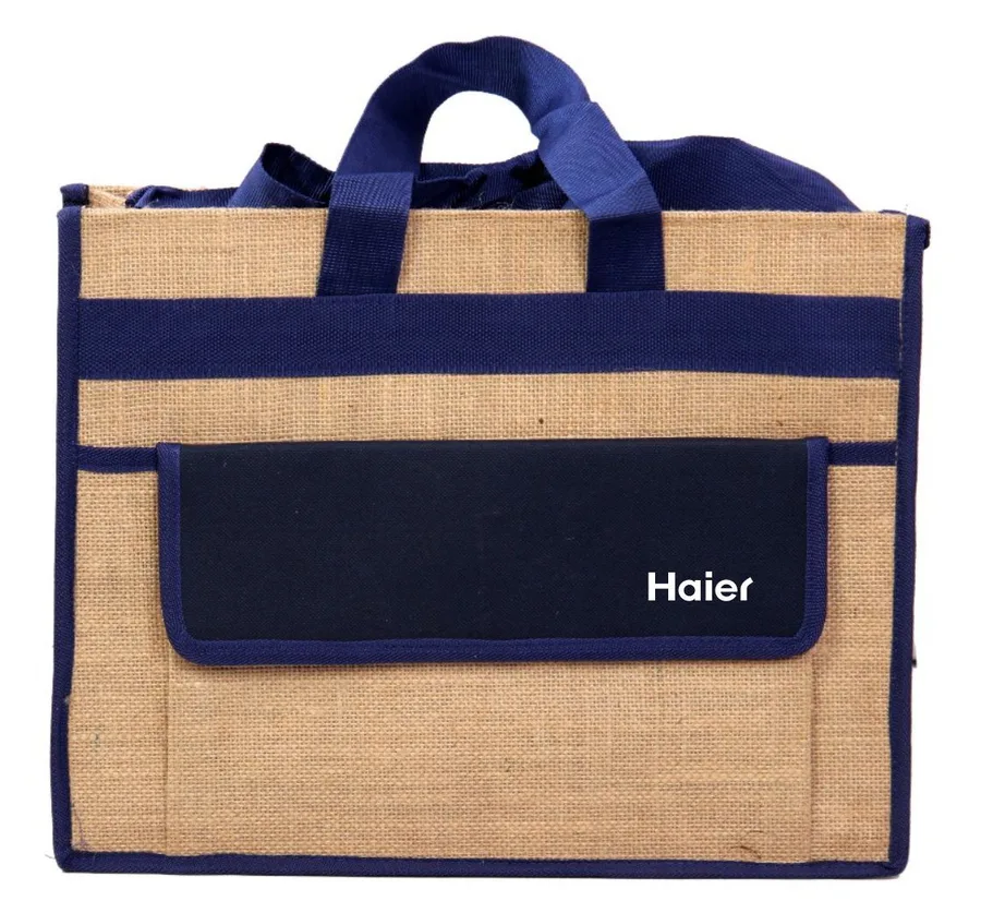 Jute bag, navy flap pocket (JTE-40)