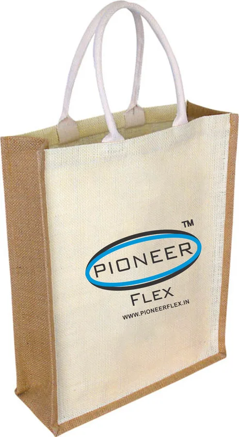 Jute tote, white panel, tape handles (JTE-53)