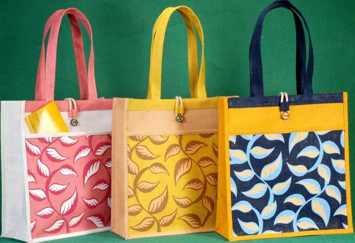 Jute tote, printed panel, set of three (JTE-63)