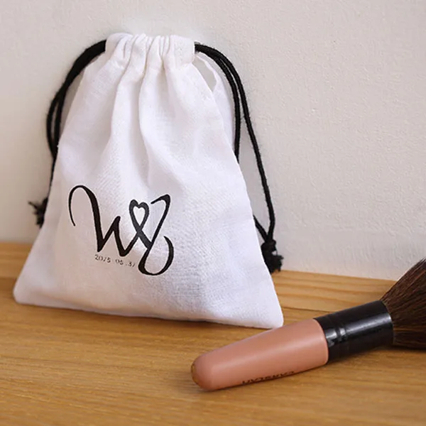 Cotton drawstring pouch, white, black cord (PCH-20)